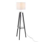 Lumi Source Compass mid-century modern floor lamp with integrated shelf, black metal stand and wooden accents, stylish home lighting.