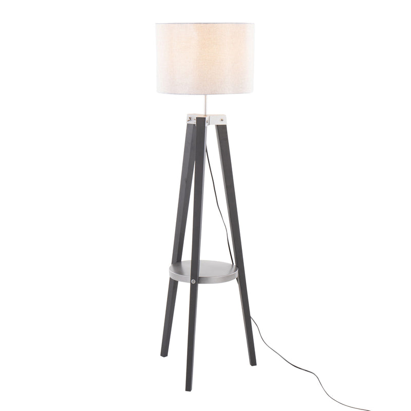 Lumi Source Compass mid-century modern floor lamp with integrated shelf, black metal stand and wooden accents, stylish home lighting.