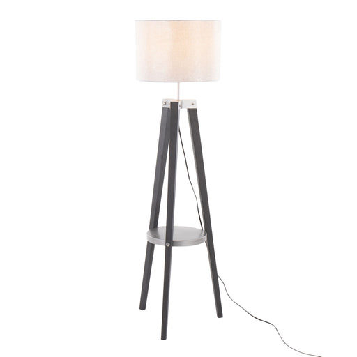 Lumi Source Compass mid-century modern floor lamp with integrated shelf, black metal stand and wooden accents, stylish home lighting.