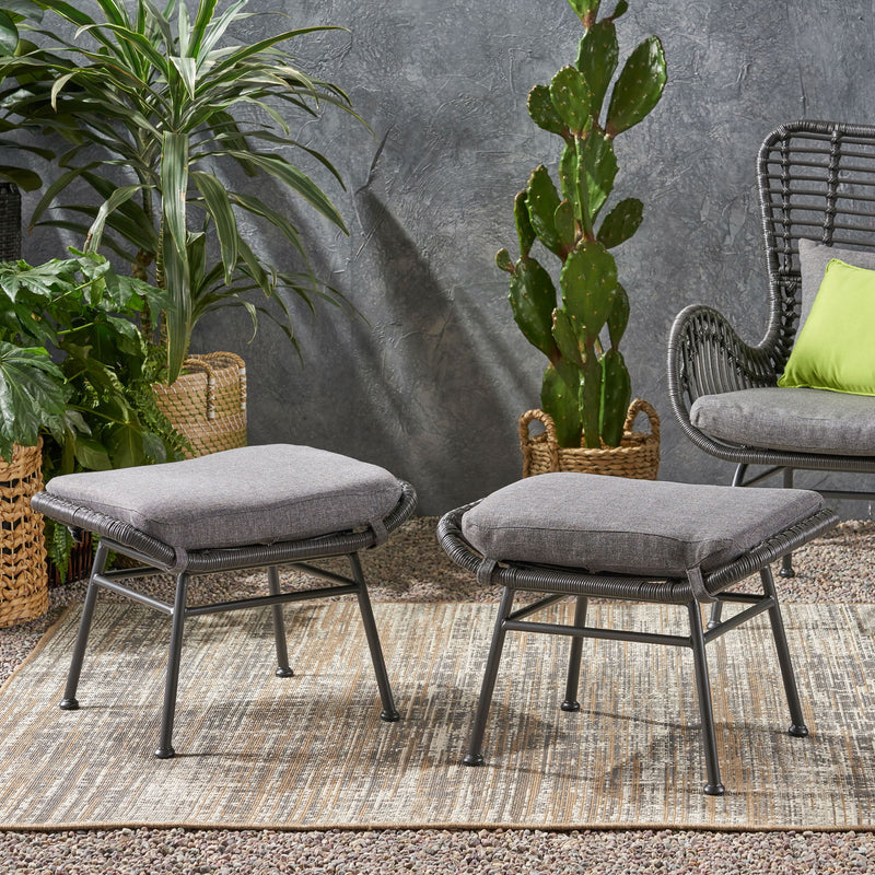Outdoor Modern Boho Wicker Ottoman With Cushions (Set of 2) - R&R Furniture Gallery (Fountain Valley, CA)