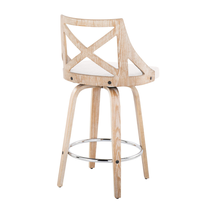 Set of two Lumi Source Charlotte farmhouse counter stools with swivel, round footrest, and fixed height for kitchen or bar seating.