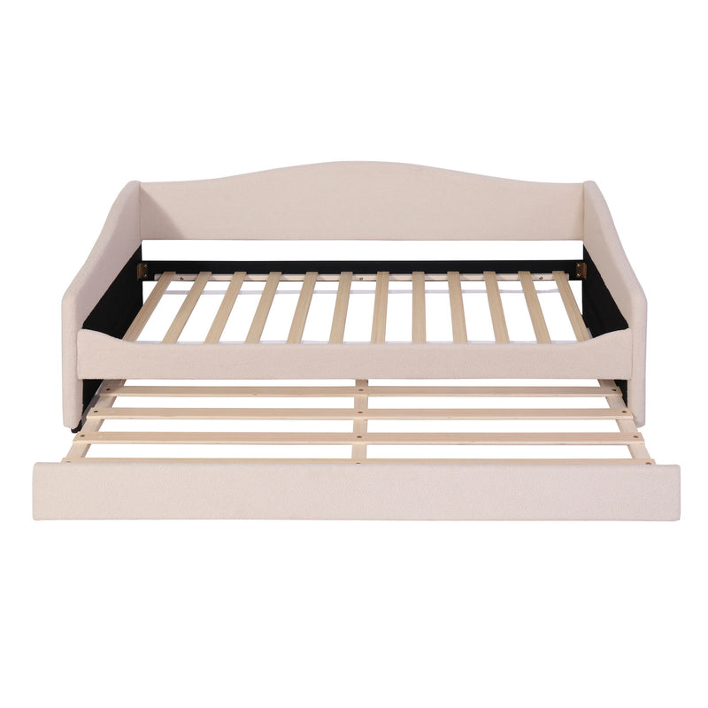 Halcyon Home upholstered daybed with built-in light and pull-out trundle, featuring plush fabric and a modern design.