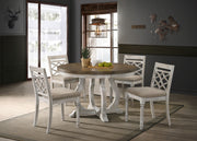 Havanna 5-piece dining set with vintage walnut round table and off-white chairs, ideal for modern dining rooms by Lilola Home.