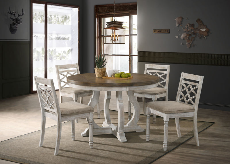 Havanna 5-piece dining set with vintage walnut round table and off-white chairs, ideal for modern dining rooms by Lilola Home.
