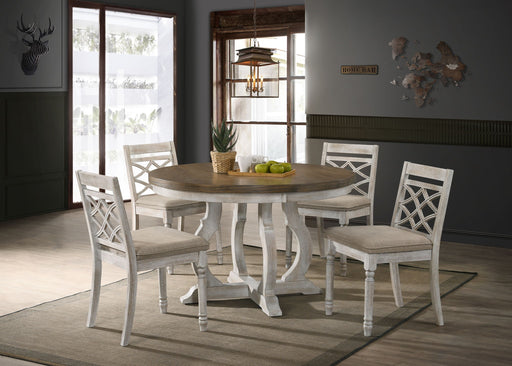 Havanna - 5 Piece Wide Round Dining Table With Off White Chairs (Set of 5) - Vintage Walnut - R&R Furniture Gallery (Fountain Valley, CA)