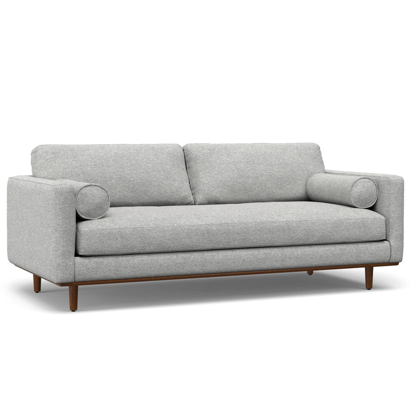 Simpli-Home Morrison upholstered stationary sofa with plush fabric and modern design, featuring wide armrests and cushioned seating.