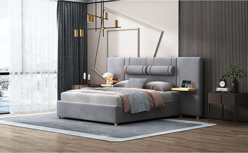 Upholstered Platform Bed, 2 Outlets And USB Charging Ports On Both Sides, 2 Bedside Pillows, Storage Shelves - R&R Furniture Gallery (Fountain Valley, CA)