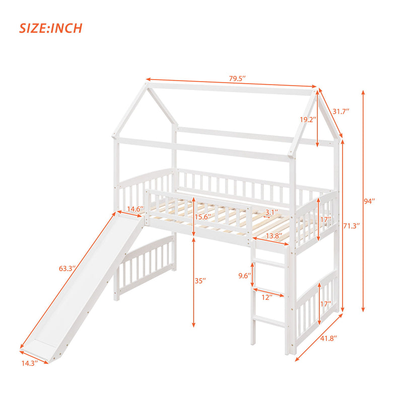 DreamHaus loft bed with built-in slide, featuring a sturdy wooden frame and a cozy sleeping area above the play slide.