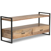 Simpli-Home Riverside TV media stand in natural wood finish with open shelving and storage compartments for electronics.