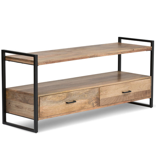 Simpli-Home Riverside TV media stand in natural wood finish with open shelving and storage compartments for electronics.