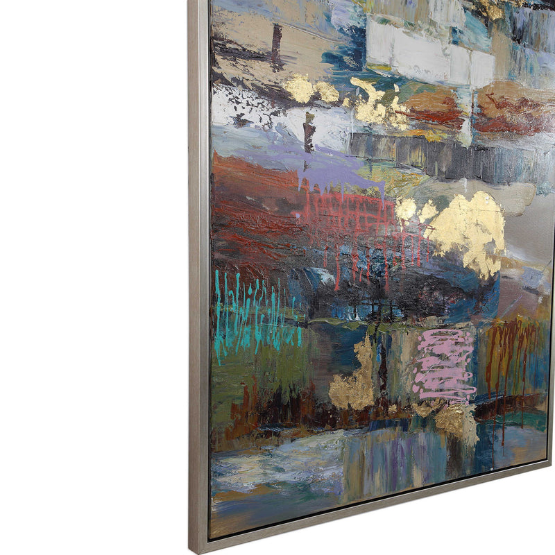Hand painted blue Fiesta canvas art by Uttermost, featuring vibrant, detailed brushstrokes on a high-quality canvas.