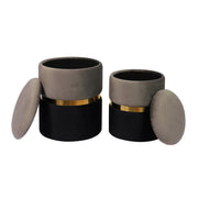 Pair of TOV Furniture Gigi storage ottomans with cushioned tops and wooden legs, shown in a contemporary living room setting.