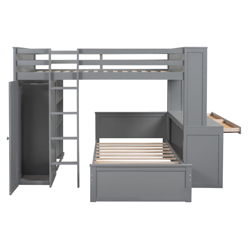 DreamHaus loft bed with twin standalone bed, shelves, desk, and wardrobe, showcasing a modern multi-functional bedroom setup.