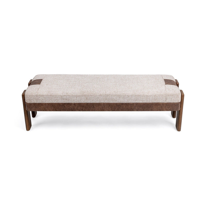 Classic Home Kava Accent Bench in Cocoa Latte with upholstered fabric and wooden legs, ideal for entryways or living rooms.