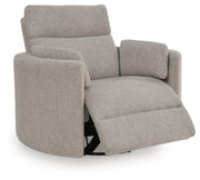 Benchcraft ModMax Luxe swivel glider power recliner in Flint fabric with plush cushioning and sleek design.