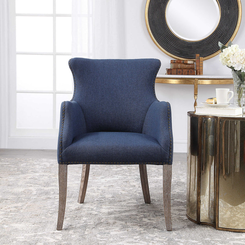 Blue Yareena Wing Chair by Uttermost, a stylish wingback chair with elegant upholstery and a modern design.