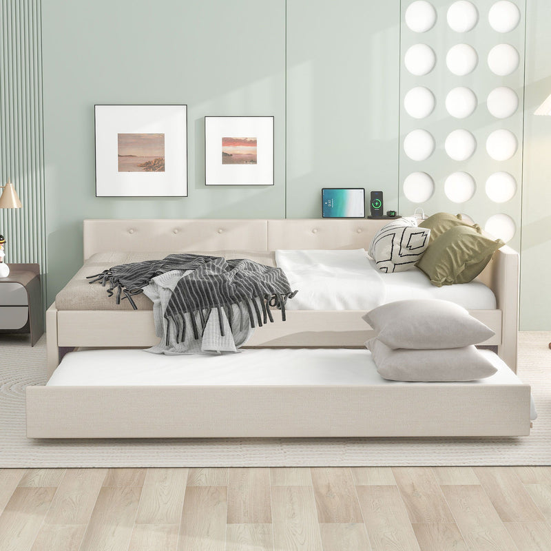 Queen Size Upholstered Platform Bed With USB And Twin Trundle - Beige - R&R Furniture Gallery (Fountain Valley, CA)