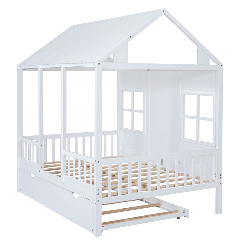 DreamHaus house bed with twin size trundle and daybed, featuring a cozy wooden frame and versatile sleeping options.