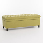 Noble House Juliana storage ottoman with birch wood legs, beige fabric upholstery, and a cushioned top for versatile seating and storage.