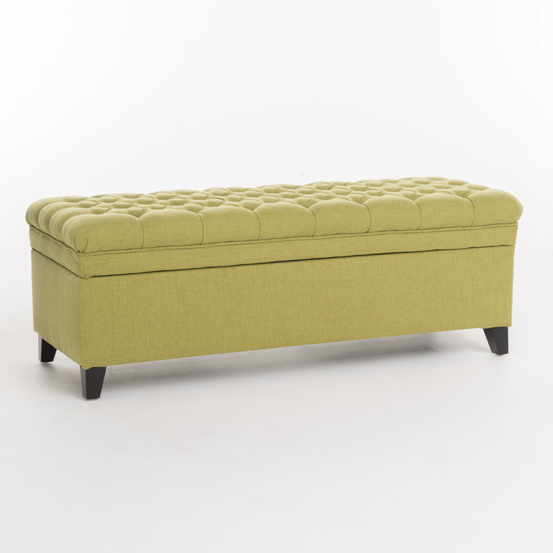 Noble House Juliana storage ottoman with birch wood legs, beige fabric upholstery, and a cushioned top for versatile seating and storage.