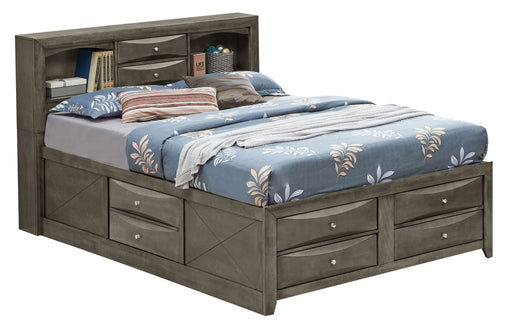 Modern storage bed with a built-in bookcase headboard, featured in a sleek design by Glory Furniture.
