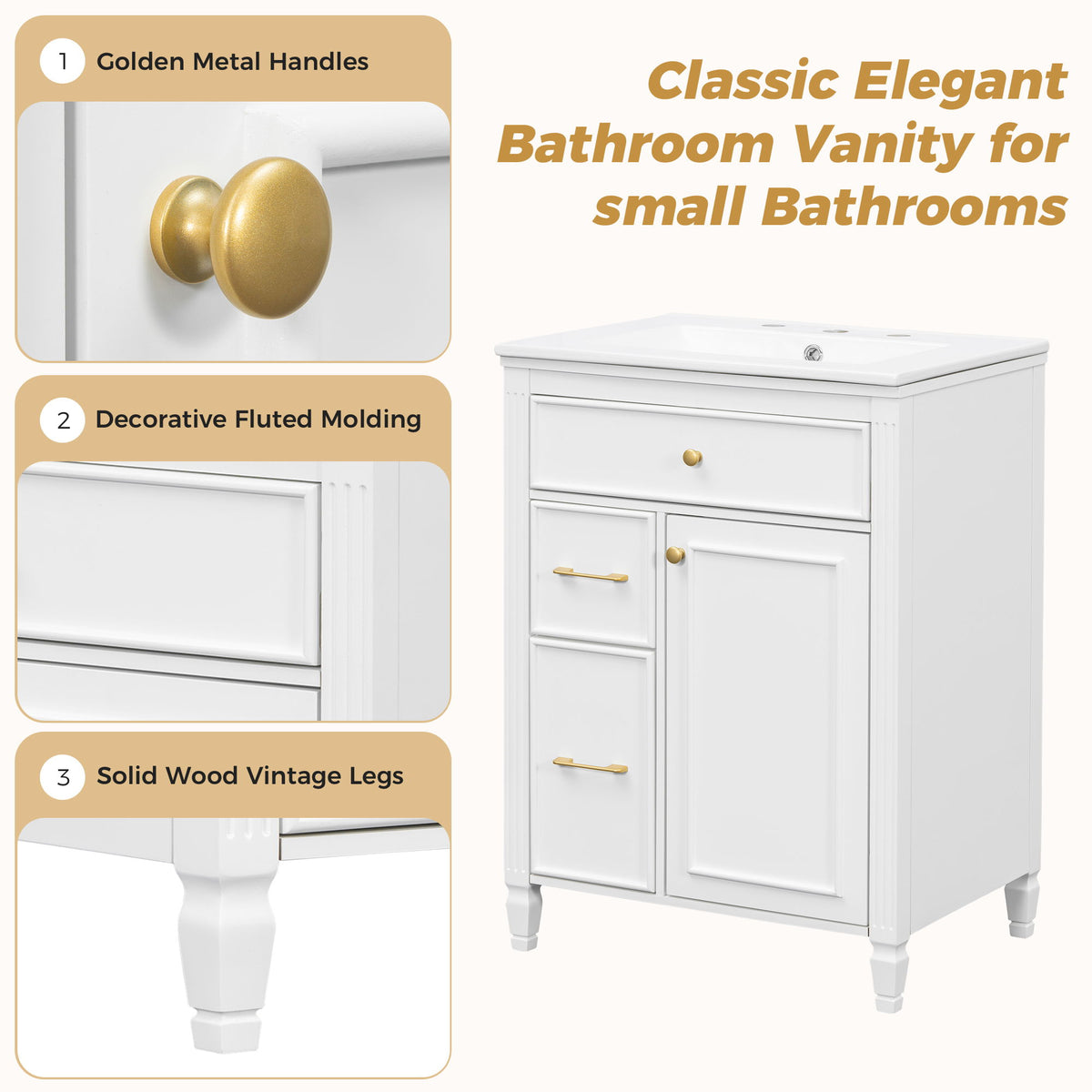 Freestanding Bathroom Vanity With Sink, Soft Close Door, Tip Out Drawer