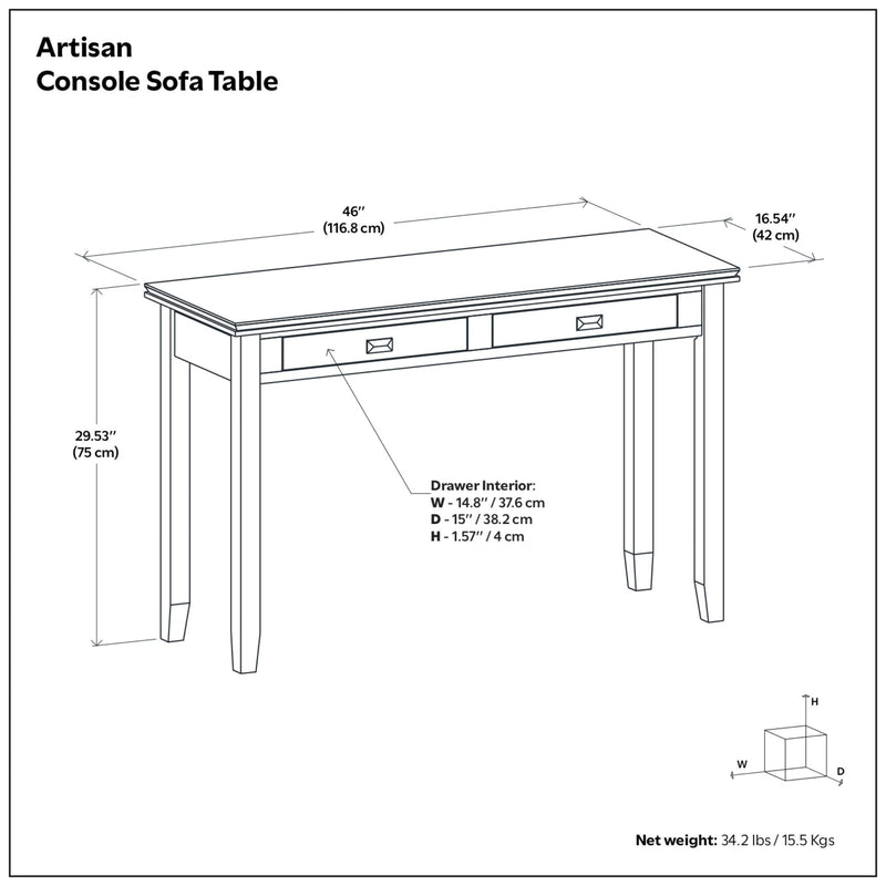 Artisan handcrafted console sofa table by Simpli-Home with a wooden finish and sleek design, ideal for entryways or living rooms.