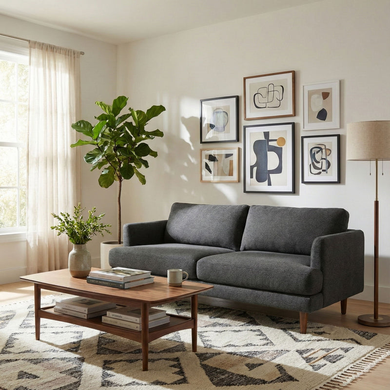 Livingston upholstered stationary sofa by Simpli-Home with plush fabric and wide armrests in a modern living room setting.