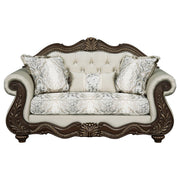 Pierce - Loveseat With 3 Pillows - Beige Fabric & Cherry - R&R Furniture Gallery (Fountain Valley, CA)