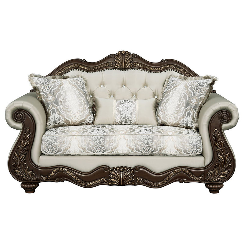 Pierce - Loveseat With 3 Pillows - Beige Fabric & Cherry - R&R Furniture Gallery (Fountain Valley, CA)