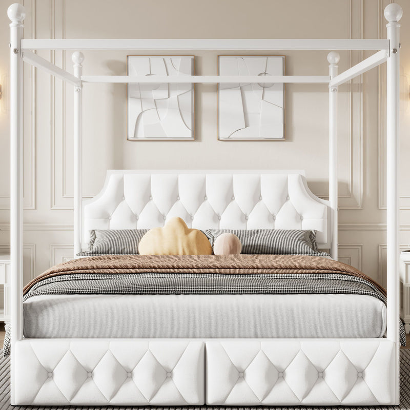 Queen Size Canopy Platform Bed With Upholstered Headboard And 2 Storage Drawers - White - R&R Furniture Gallery (Fountain Valley, CA)