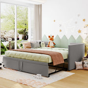 Twin size upholstered daybed with pop-up trundle by Halcyon Home, featuring a cushioned headboard and stylish fabric upholstery.