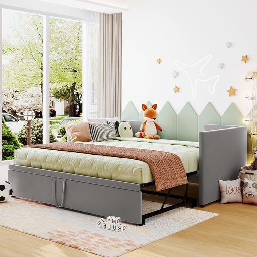 Twin size upholstered daybed with pop-up trundle by Halcyon Home, featuring a cushioned headboard and stylish fabric upholstery.
