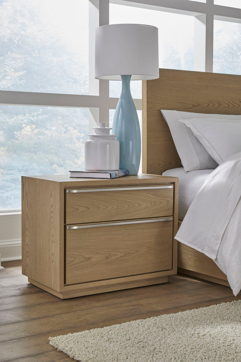 Modern Coastal two-drawer USB-charging nightstand by Modus in bisque finish, featuring sleek design and functional storage.