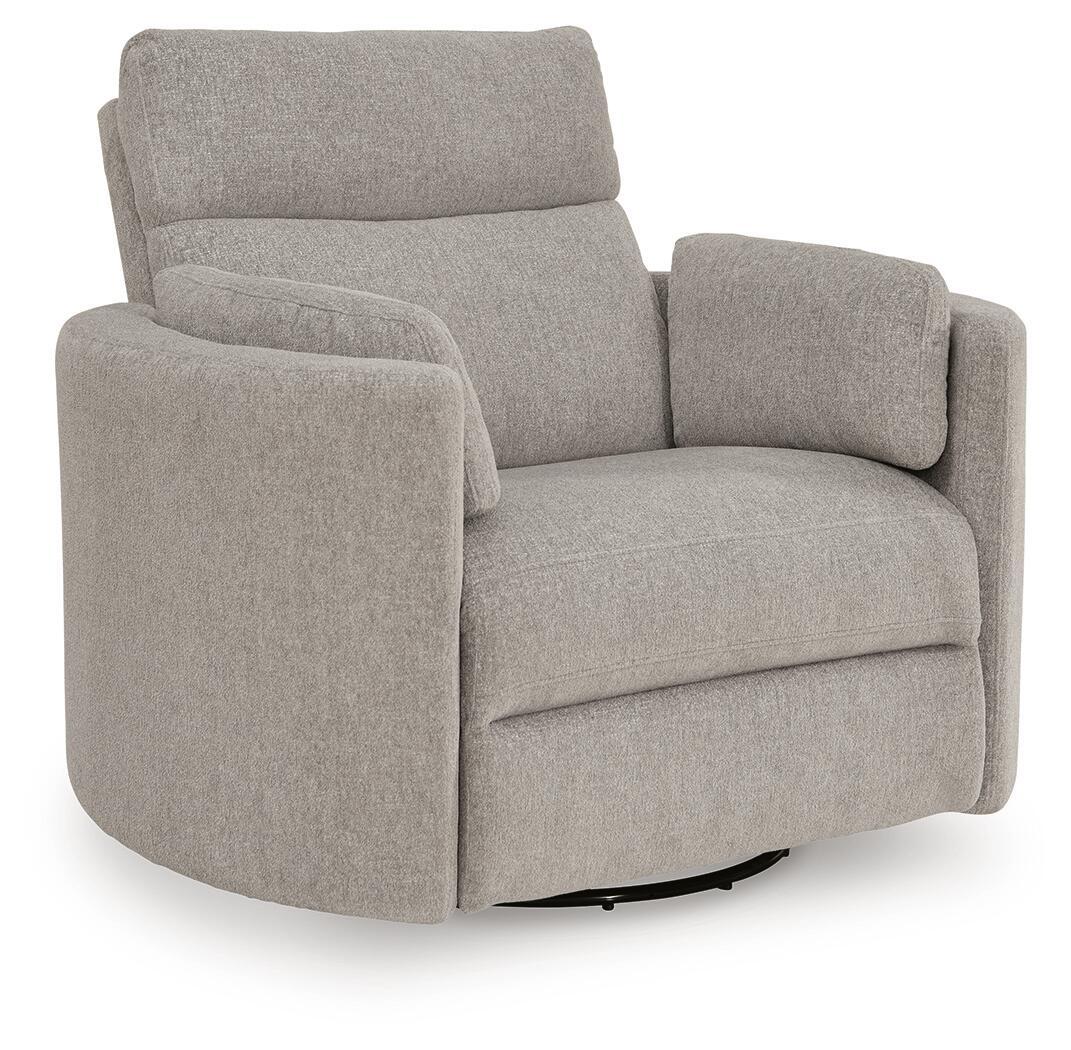 Benchcraft ModMax Luxe swivel glider power recliner in Flint fabric with padded armrests and plush cushioning.