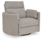 Benchcraft ModMax Luxe swivel glider power recliner in Flint fabric with padded armrests and plush cushioning.