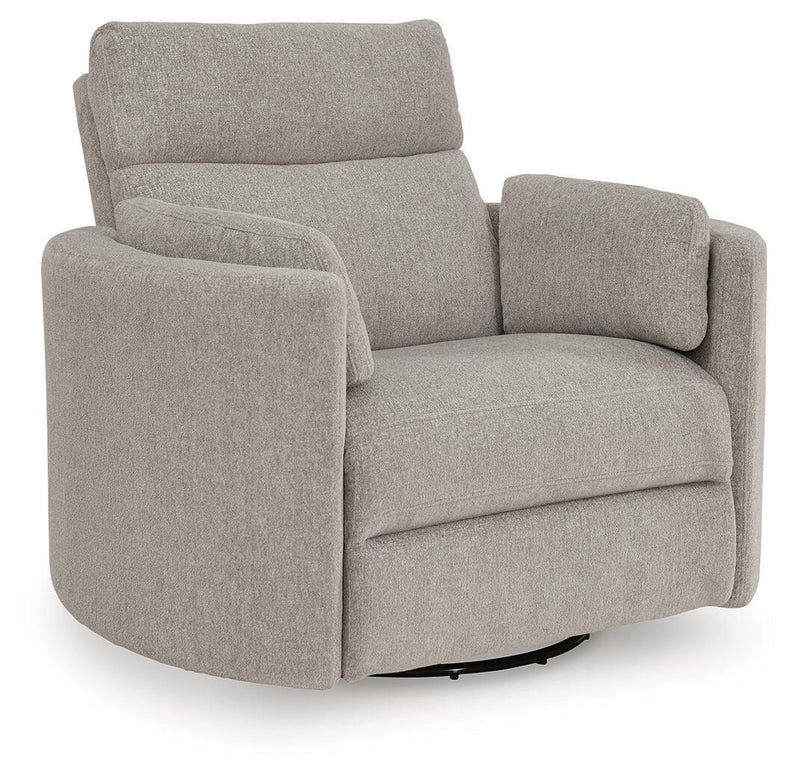 Benchcraft ModMax Luxe swivel glider power recliner in Flint fabric with padded armrests and plush cushioning.
