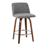 Lumi Source Toriano mid-century modern fixed height counter stool set with round footrest, featuring sleek wooden legs and cushioned seats.