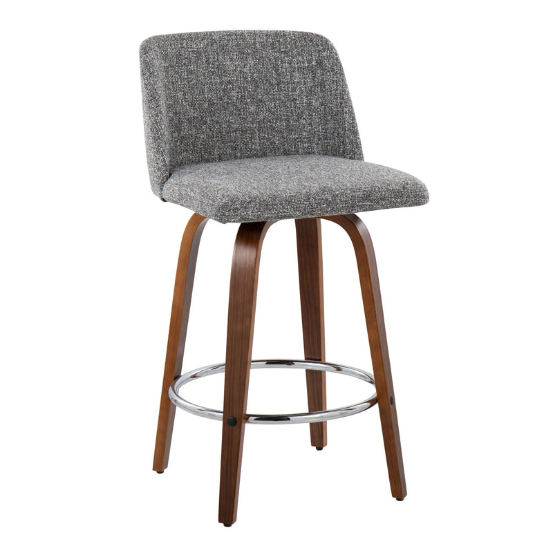 Lumi Source Toriano mid-century modern fixed height counter stool set with round footrest, featuring sleek wooden legs and cushioned seats.
