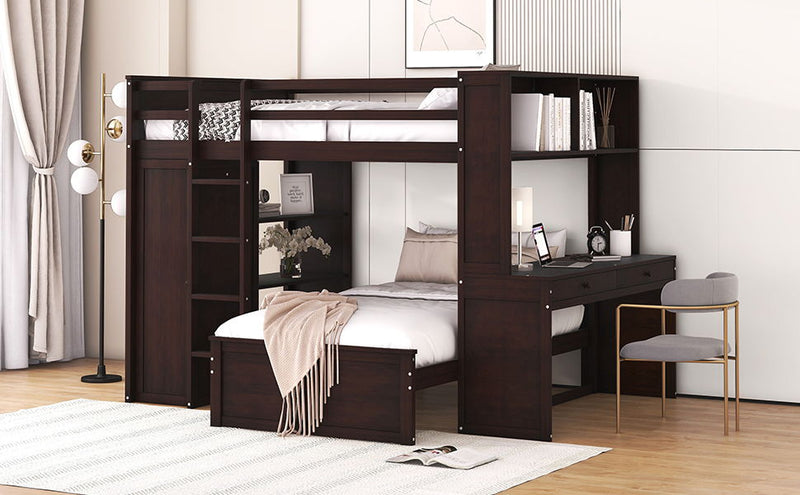 DreamHaus loft bed with twin standalone bed, shelves, desk, and wardrobe, showcasing a multi-functional bedroom furniture setup.