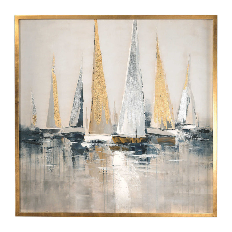 Blue nautical-themed canvas art by Uttermost featuring maritime imagery, perfect for coastal or nautical decor.