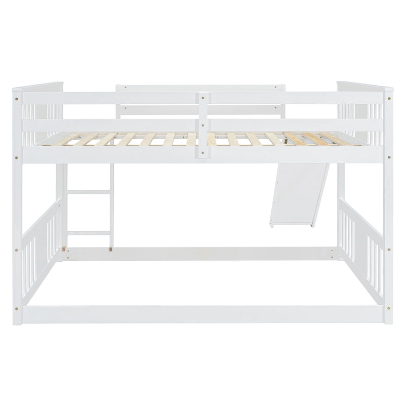 DreamHaus white full over full bunk bed with ladder and slide, showcasing a sturdy wooden frame and fun play features.