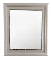 Glory Furniture Kat silver champagne mirror with a sleek, modern frame, reflecting a stylish living space.