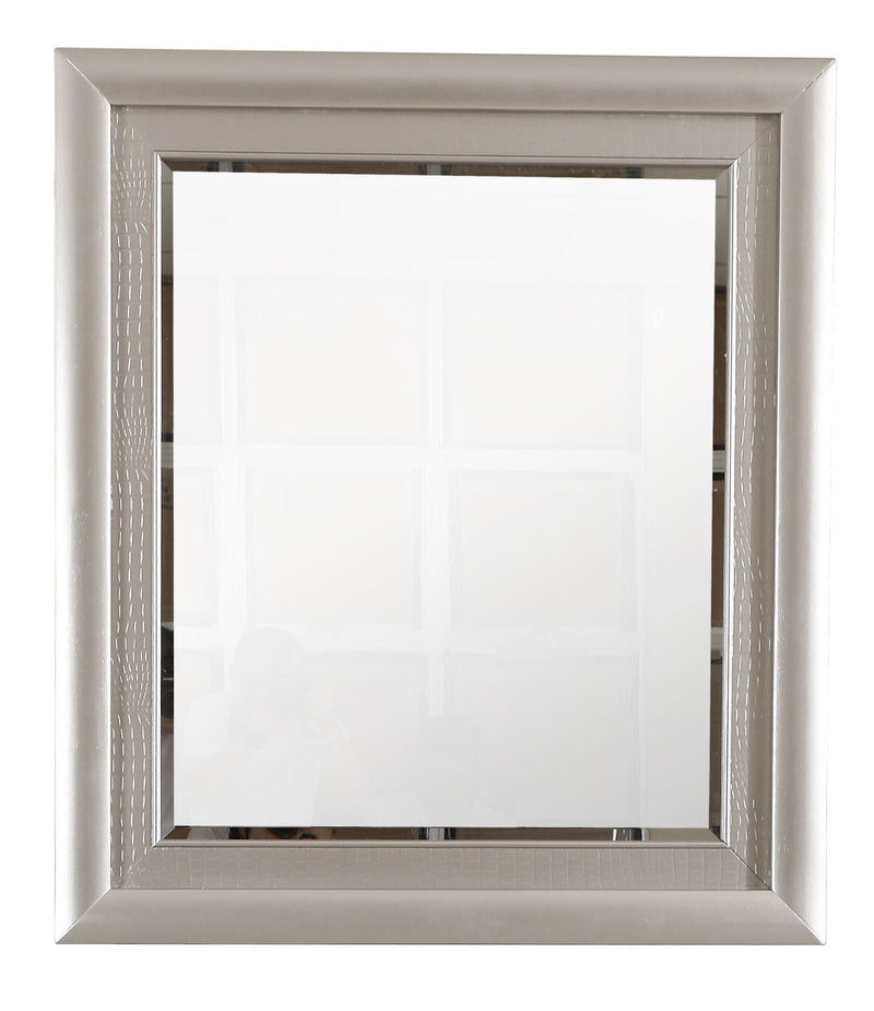 Glory Furniture Kat silver champagne mirror with a sleek, modern frame, reflecting a stylish living space.