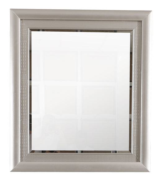 Glory Furniture Kat silver champagne mirror with a sleek, modern frame, reflecting a stylish living space.