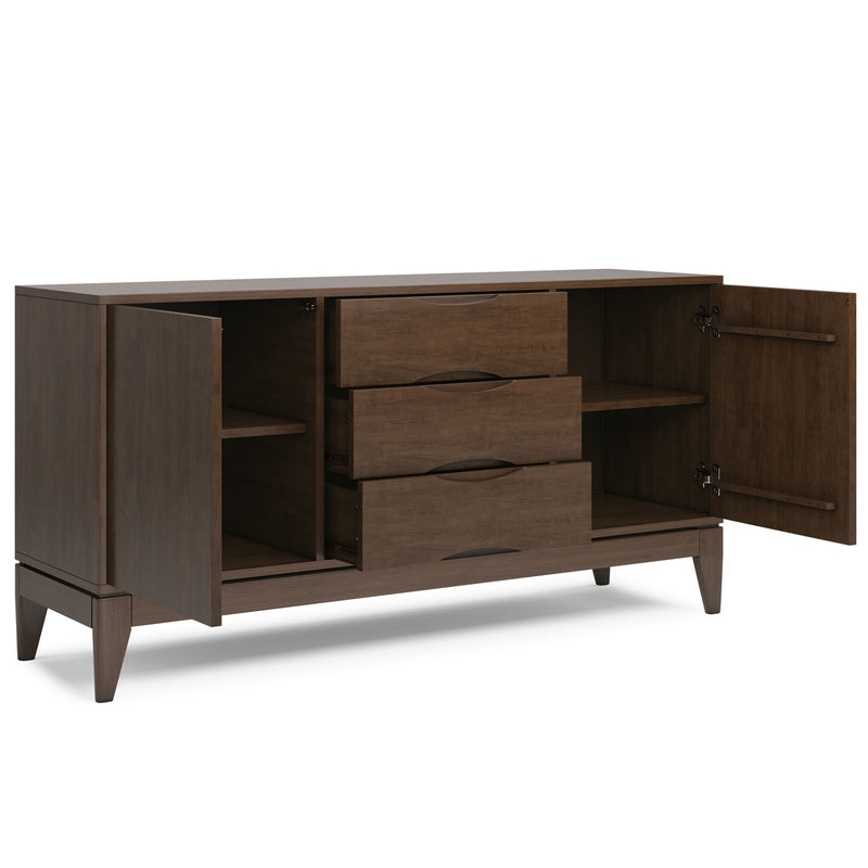 Simpli-Home Harper sideboard buffet with wood finish and multiple storage compartments, ideal for dining room or living space.