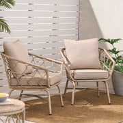 Noble House Bruce outdoor club chair set with water-resistant cushions, brown rattan and iron frame, perfect for patio seating.