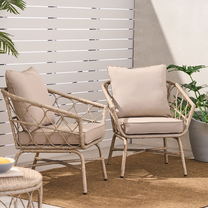 Noble House Bruce outdoor club chair set with water-resistant cushions, brown rattan and iron frame, perfect for patio seating.