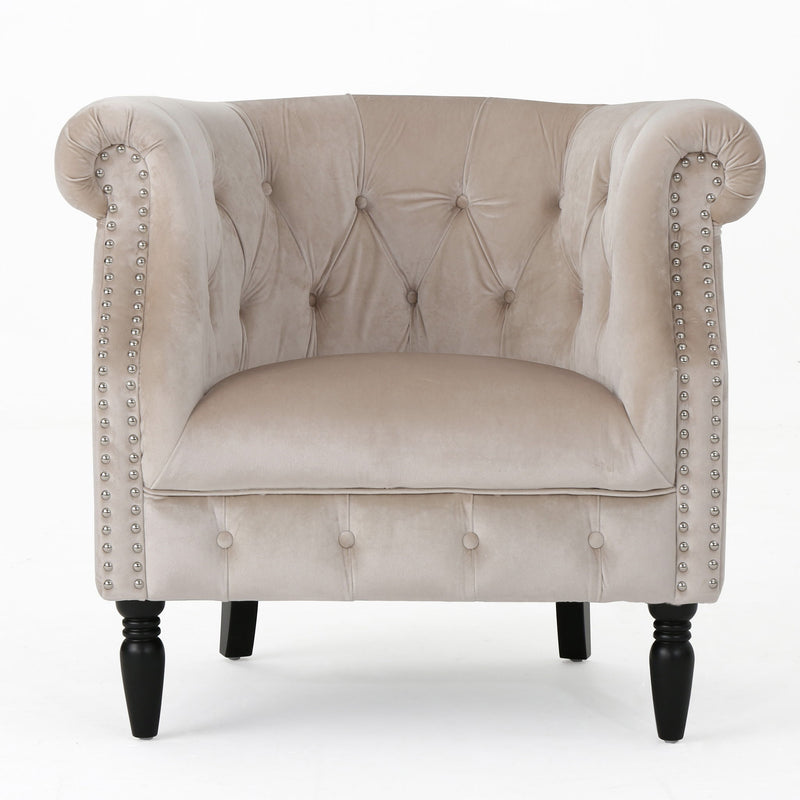 Noble House Celestialis upholstered club arm chair with tub design, rolled recessed armrests, and plush fabric seating.