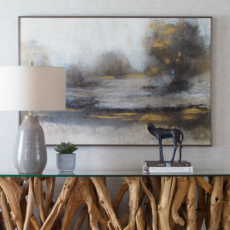 Uttermost Gilt Misty Landscape canvas art framed print in pearl silver, featuring a serene, abstract landscape scene.